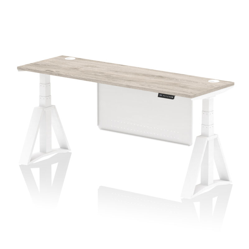 air height adjustable slimline desk with cable ports with steel modesty panel with piste foot