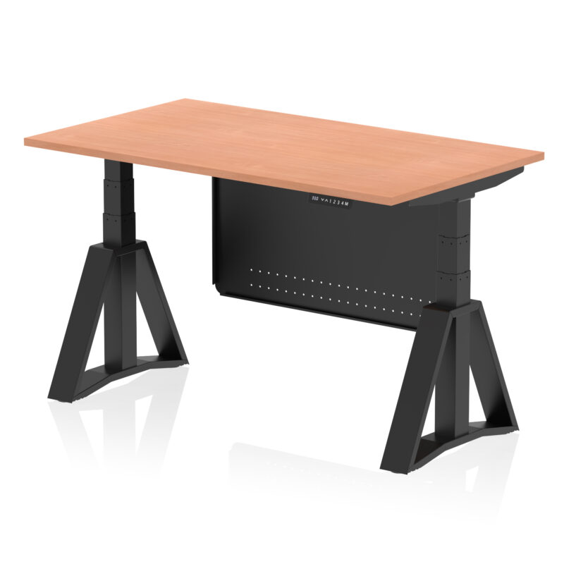 air height adjustable desk without cable ports with steel modesty panel with piste foot