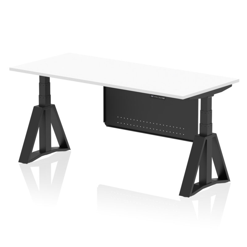 air height adjustable desk without cable ports with steel modesty panel with piste foot