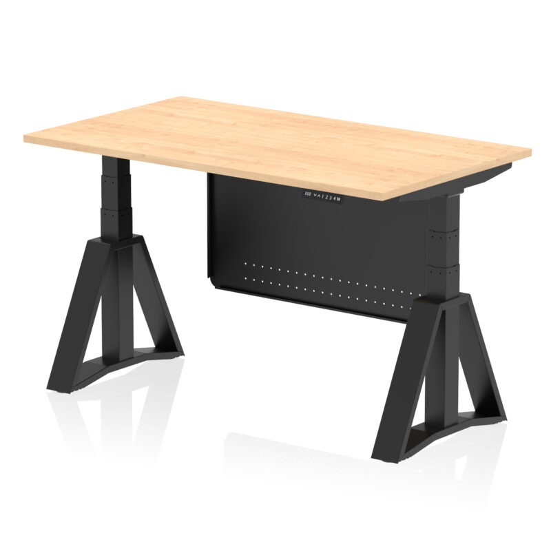 air height adjustable desk without cable ports with steel modesty panel with piste foot
