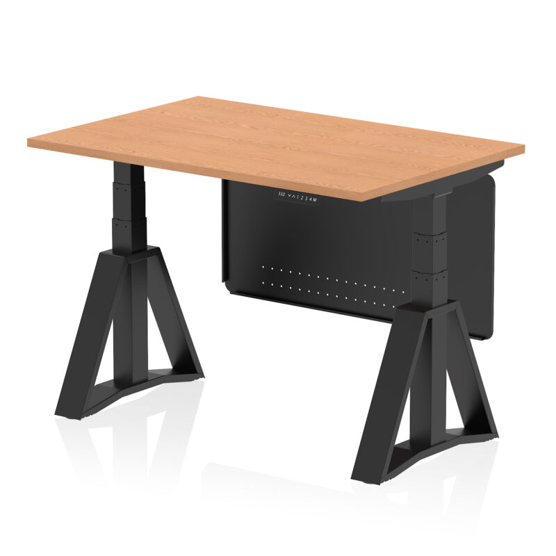 air height adjustable desk without cable ports with steel modesty panel with piste foot