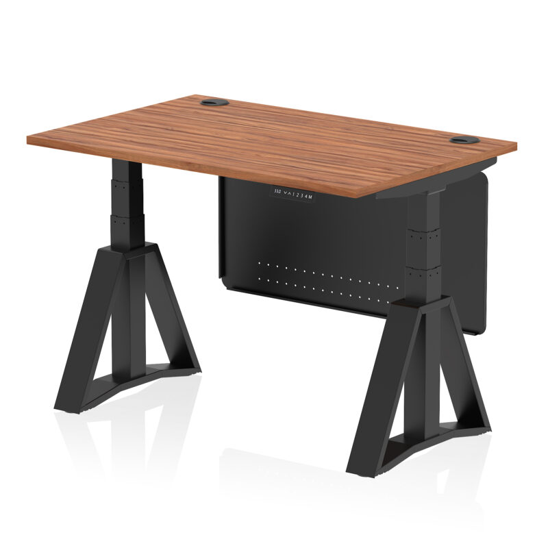 air height adjustable desk with cable ports with steel modesty panel with piste foot
