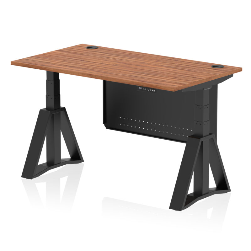 air height adjustable desk with cable ports with steel modesty panel with piste foot
