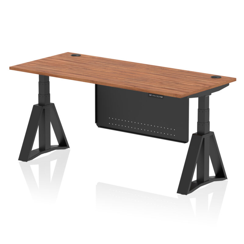 air height adjustable desk with cable ports with steel modesty panel with piste foot