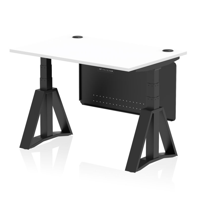 air height adjustable desk with cable ports with steel modesty panel with piste foot