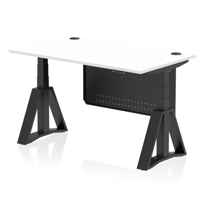 air height adjustable desk with cable ports with steel modesty panel with piste foot