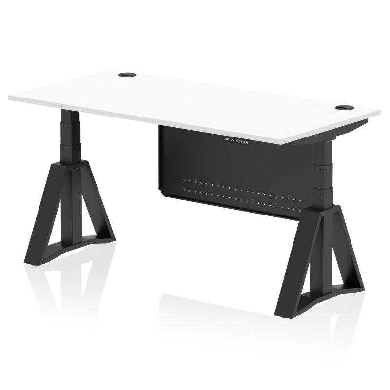air height adjustable desk with cable ports with steel modesty panel with piste foot