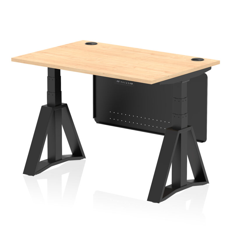 air height adjustable desk with cable ports with steel modesty panel with piste foot