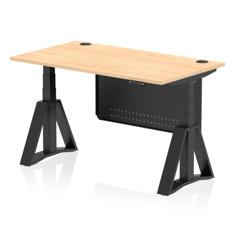 air height adjustable desk with cable ports with steel modesty panel with piste foot
