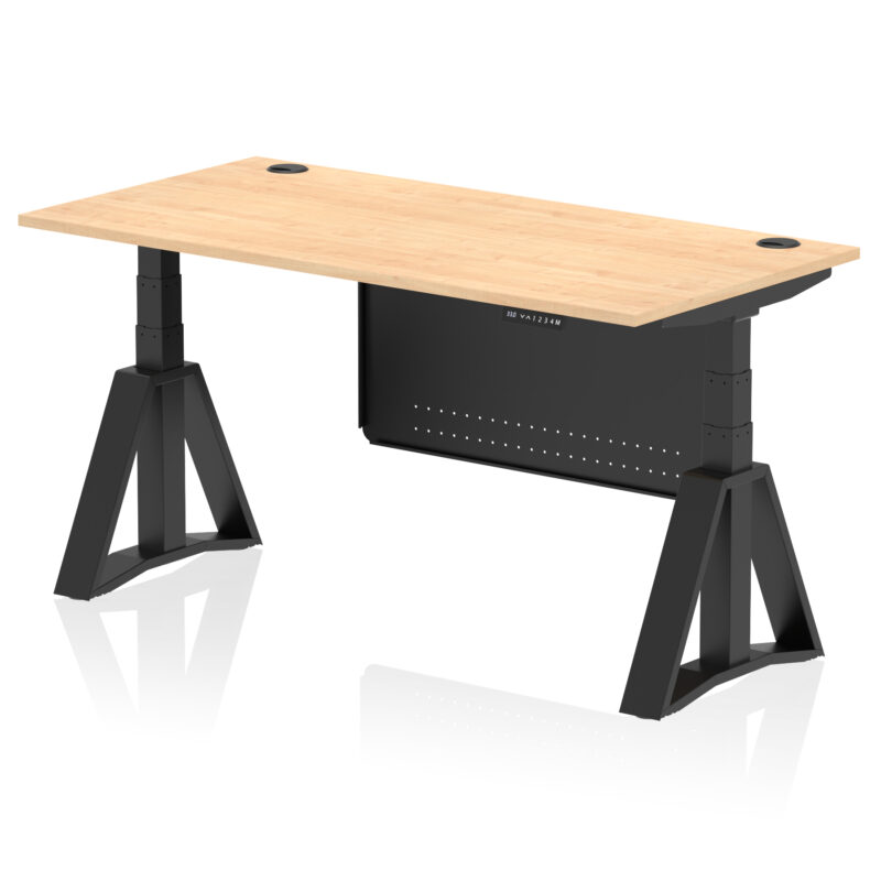 air height adjustable desk with cable ports with steel modesty panel with piste foot