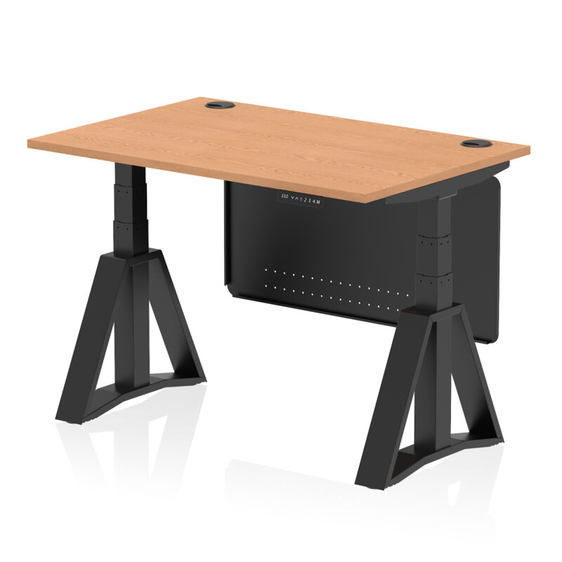 air height adjustable desk with cable ports with steel modesty panel with piste foot