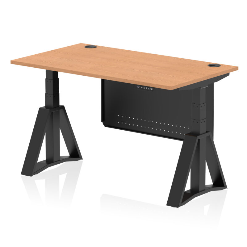 air height adjustable desk with cable ports with steel modesty panel with piste foot