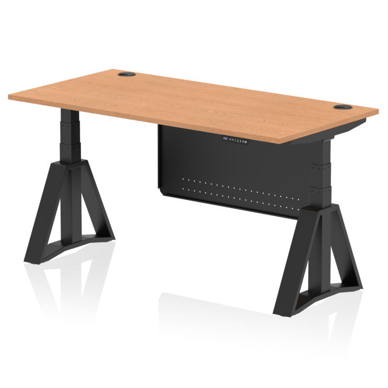 air height adjustable desk with cable ports with steel modesty panel with piste foot