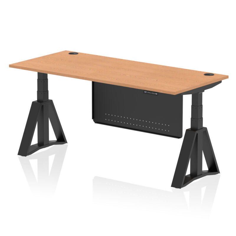 air height adjustable desk with cable ports with steel modesty panel with piste foot