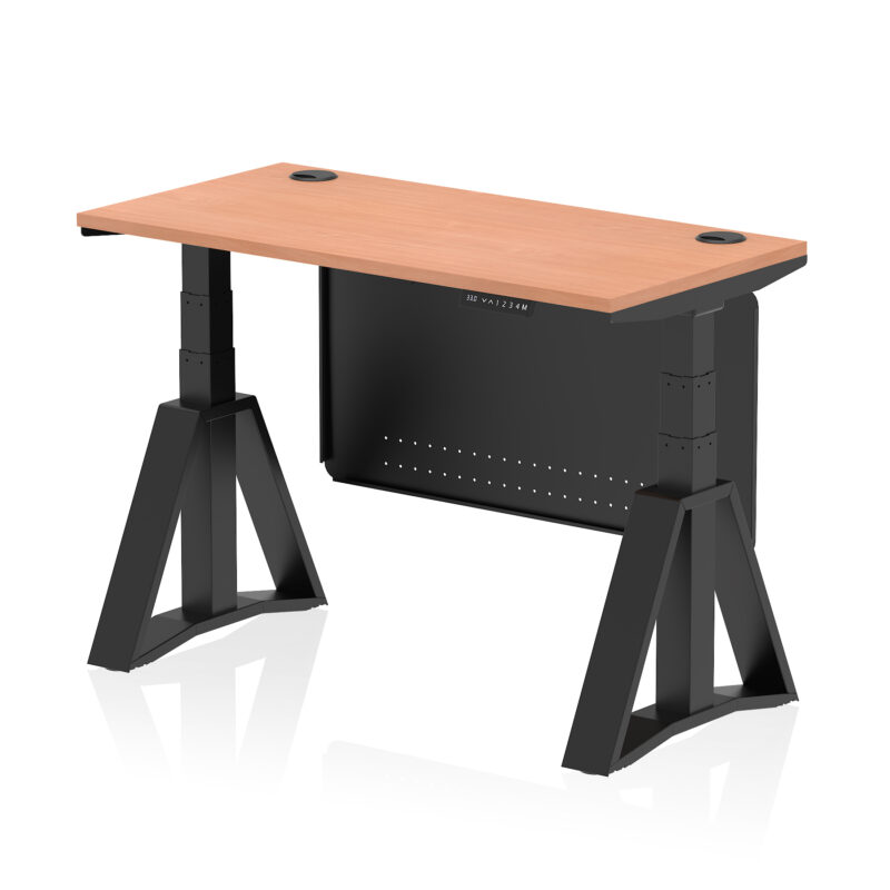 air height adjustable slimline desk with cable ports with steel modesty panel with piste foot