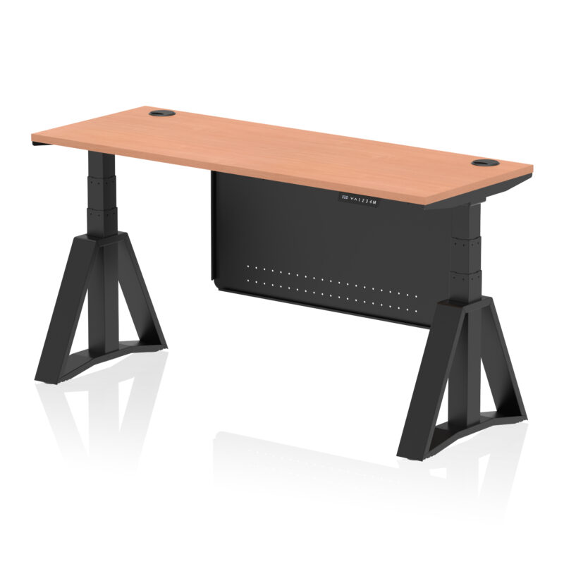 air height adjustable slimline desk with cable ports with steel modesty panel with piste foot