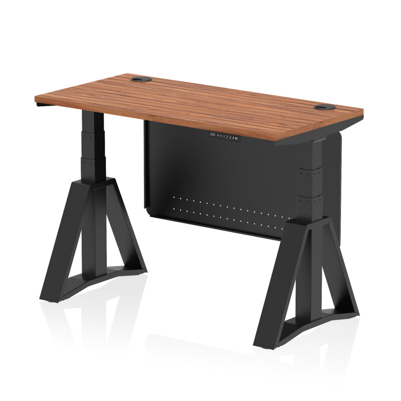 air height adjustable slimline desk with cable ports with steel modesty panel with piste foot
