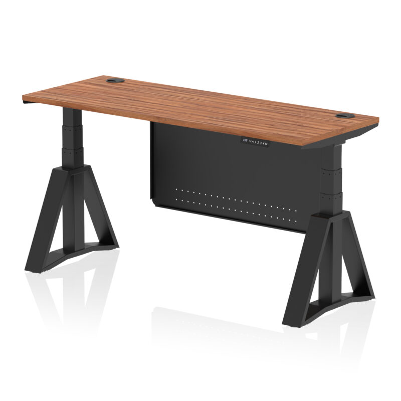air height adjustable slimline desk with cable ports with steel modesty panel with piste foot