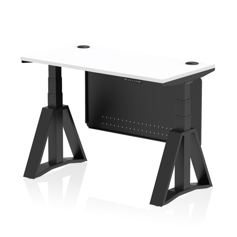 air height adjustable slimline desk with cable ports with steel modesty panel with piste foot