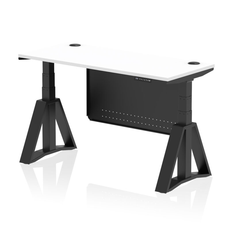 air height adjustable slimline desk with cable ports with steel modesty panel with piste foot