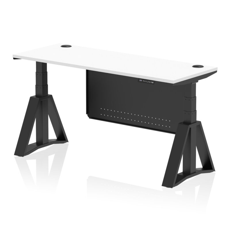 air height adjustable slimline desk with cable ports with steel modesty panel with piste foot