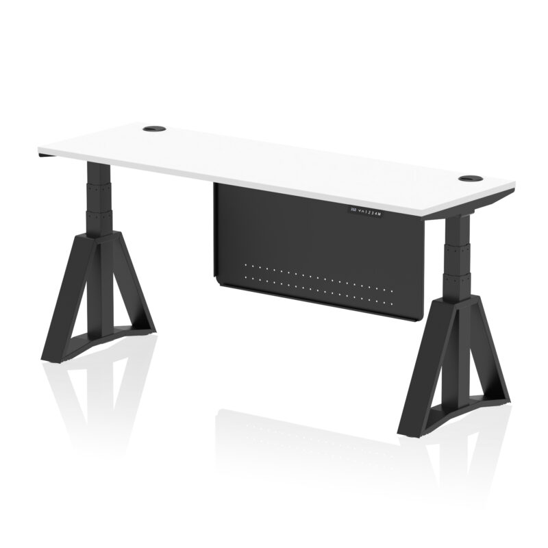 air height adjustable slimline desk with cable ports with steel modesty panel with piste foot