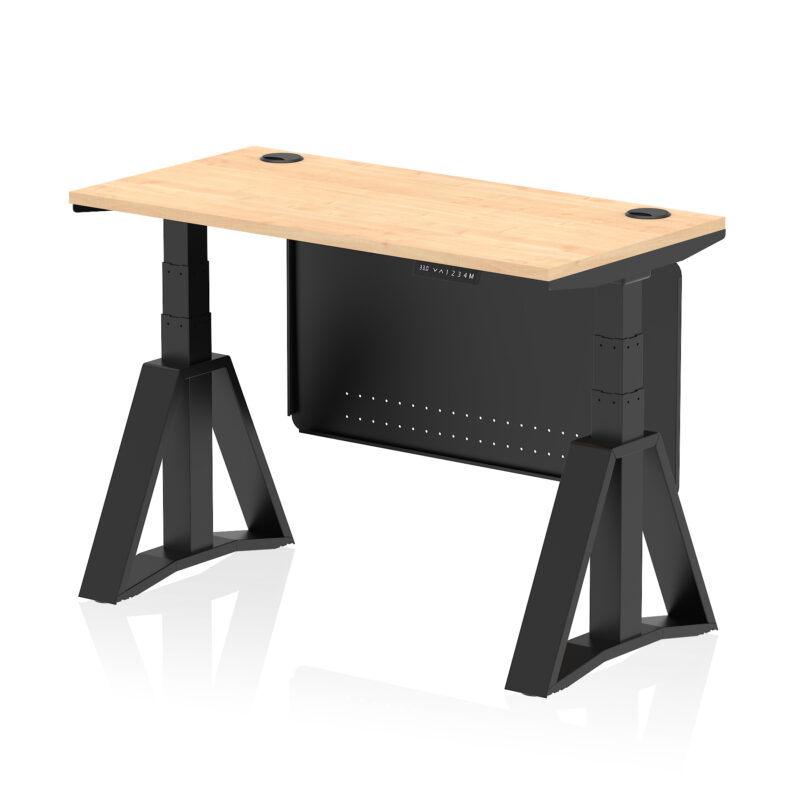 air height adjustable slimline desk with cable ports with steel modesty panel with piste foot