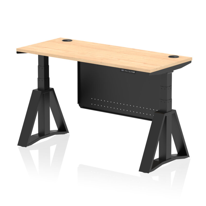 air height adjustable slimline desk with cable ports with steel modesty panel with piste foot
