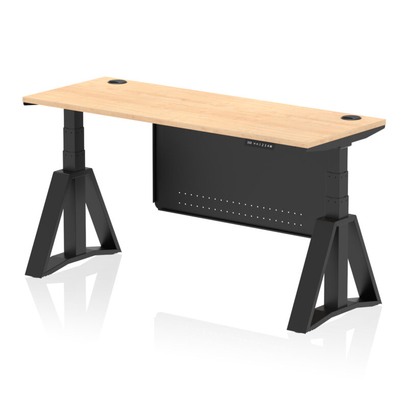 air height adjustable slimline desk with cable ports with steel modesty panel with piste foot