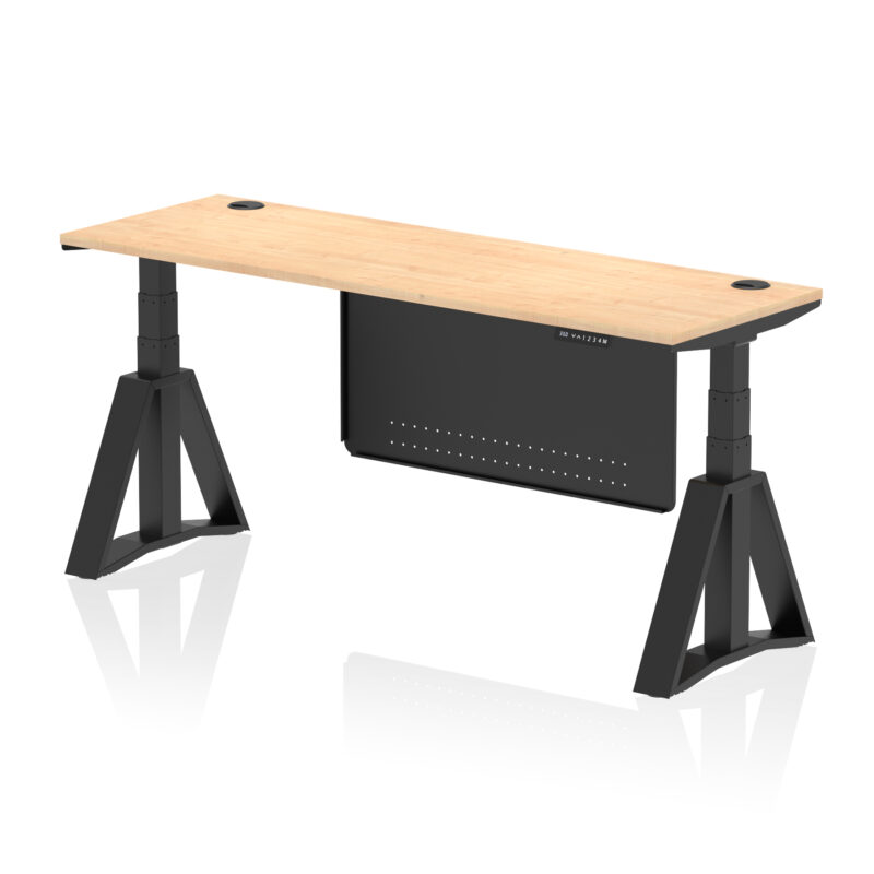air height adjustable slimline desk with cable ports with steel modesty panel with piste foot