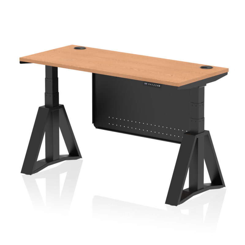 air height adjustable slimline desk with cable ports with steel modesty panel with piste foot