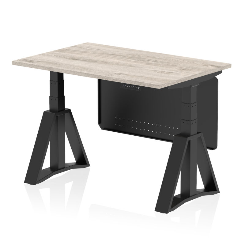 air height adjustable desk without cable ports with steel modesty panel with piste foot