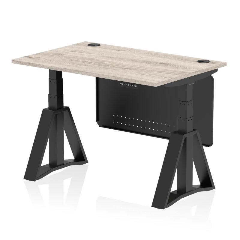 air height adjustable desk with cable ports with steel modesty panel with piste foot