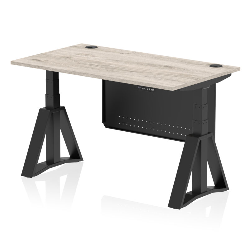 air height adjustable desk with cable ports with steel modesty panel with piste foot