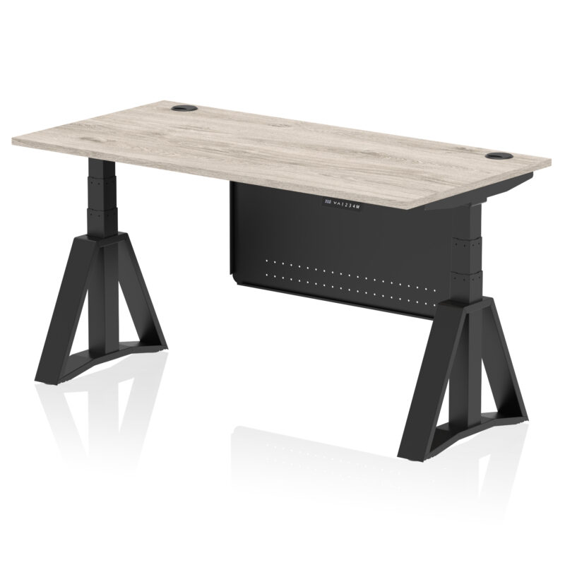 air height adjustable desk with cable ports with steel modesty panel with piste foot