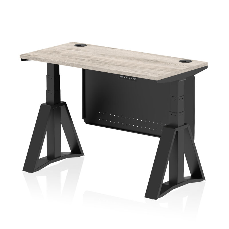 air height adjustable slimline desk with cable ports with steel modesty panel with piste foot