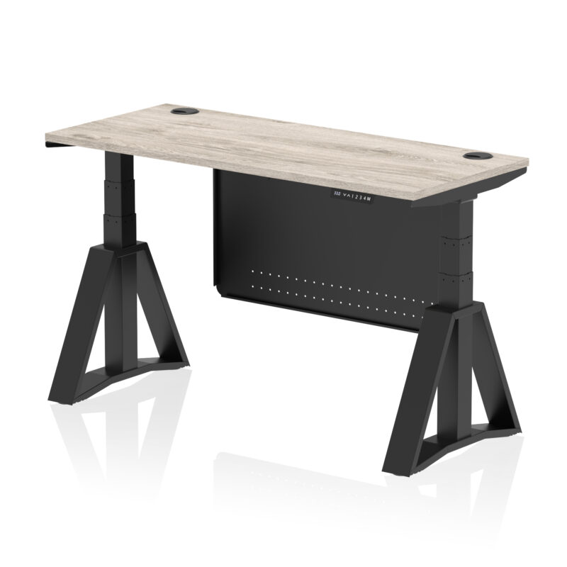 air height adjustable slimline desk with cable ports with steel modesty panel with piste foot