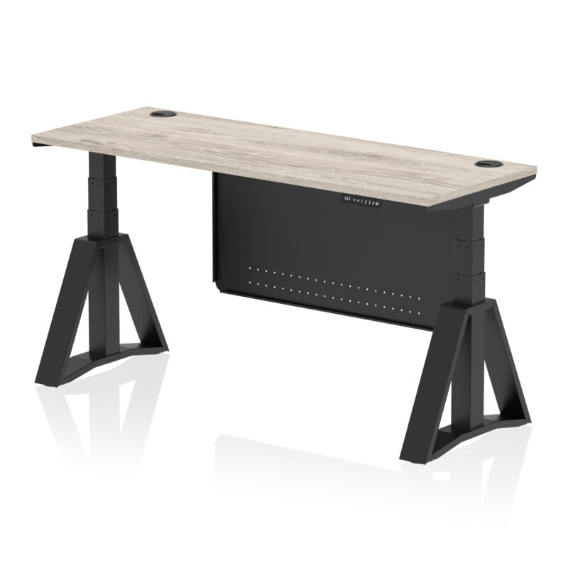 air height adjustable slimline desk with cable ports with steel modesty panel with piste foot