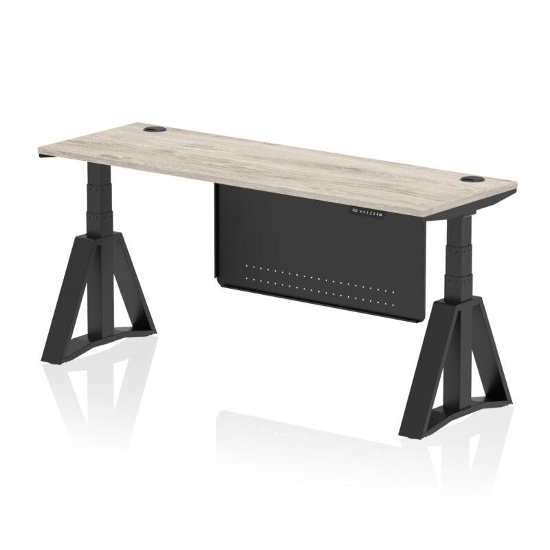 air height adjustable slimline desk with cable ports with steel modesty panel with piste foot