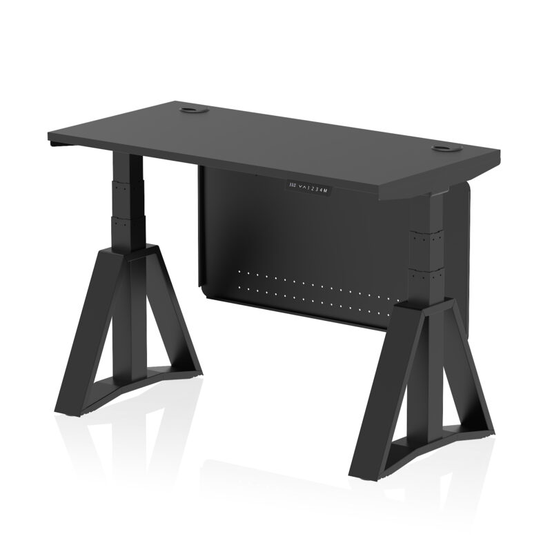 air height adjustable slimline desk with cable ports with steel modesty panel with piste foot