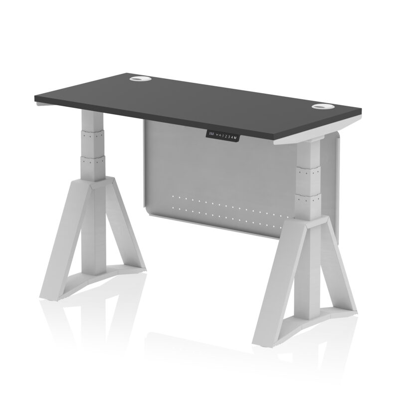 air height adjustable slimline desk with cable ports with steel modesty panel with piste foot