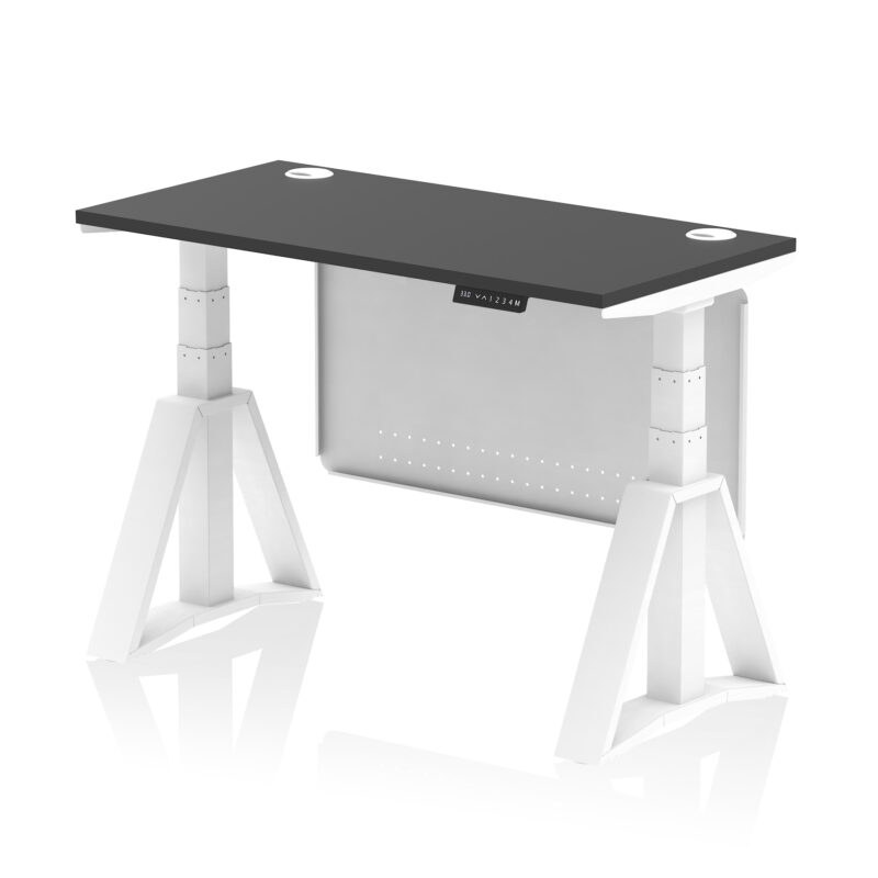 air height adjustable slimline desk with cable ports with steel modesty panel with piste foot