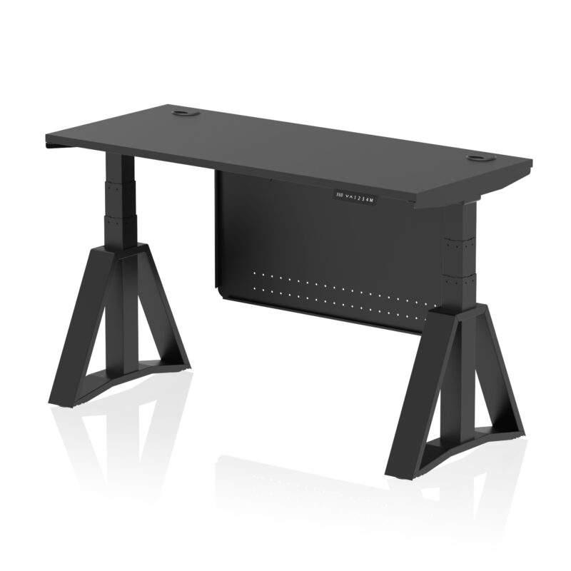 air height adjustable slimline desk with cable ports with steel modesty panel with piste foot