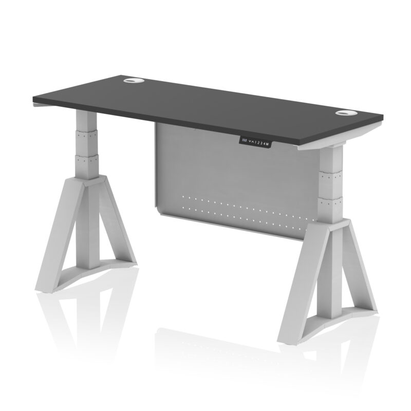 air height adjustable slimline desk with cable ports with steel modesty panel with piste foot
