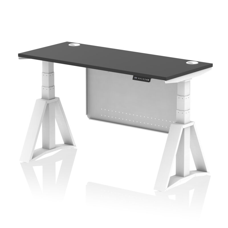 air height adjustable slimline desk with cable ports with steel modesty panel with piste foot