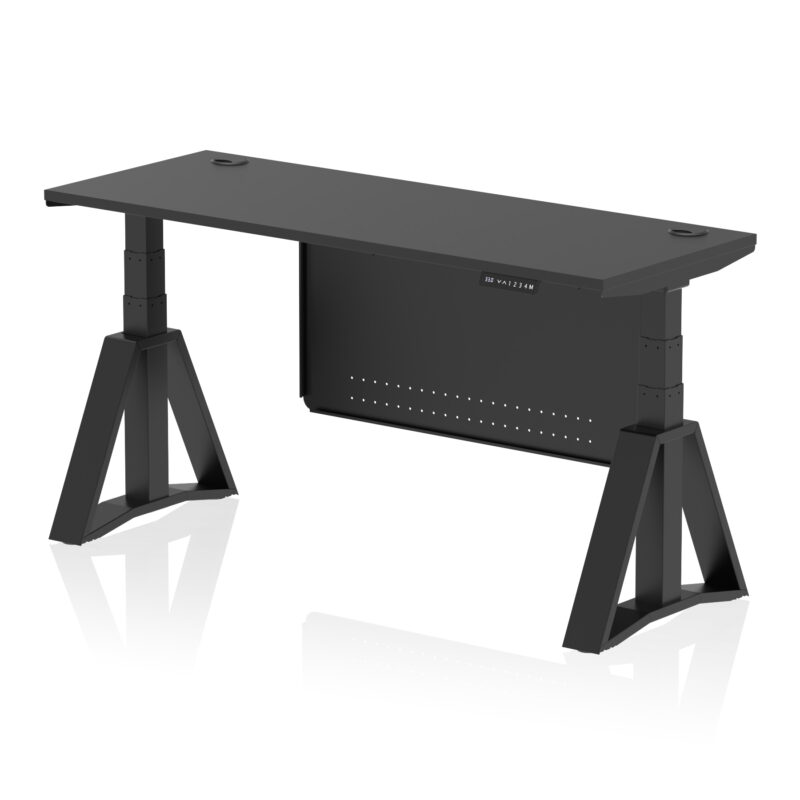 air height adjustable slimline desk with cable ports with steel modesty panel with piste foot