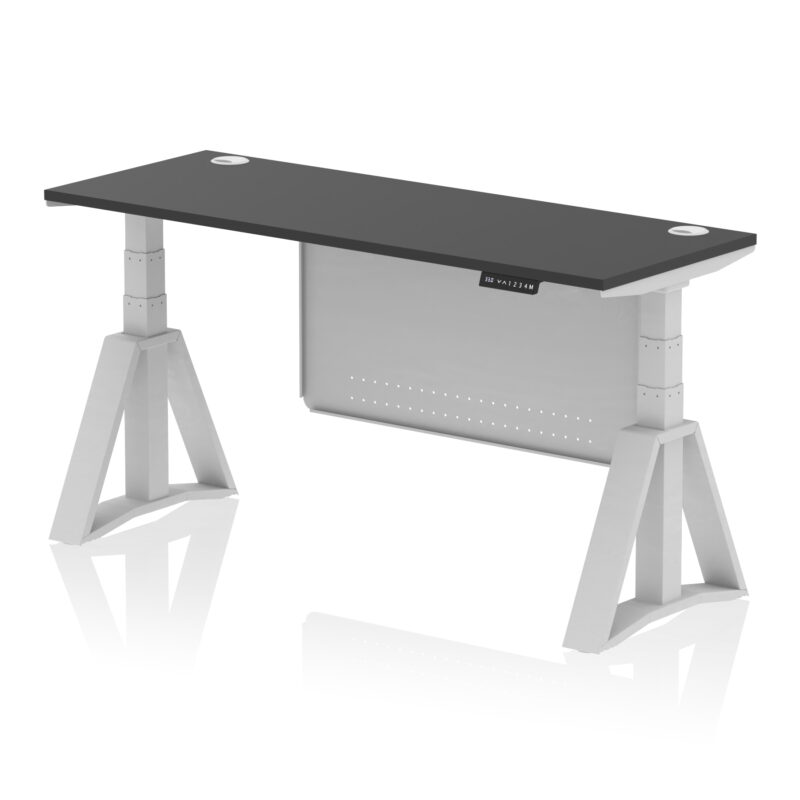 air height adjustable slimline desk with cable ports with steel modesty panel with piste foot