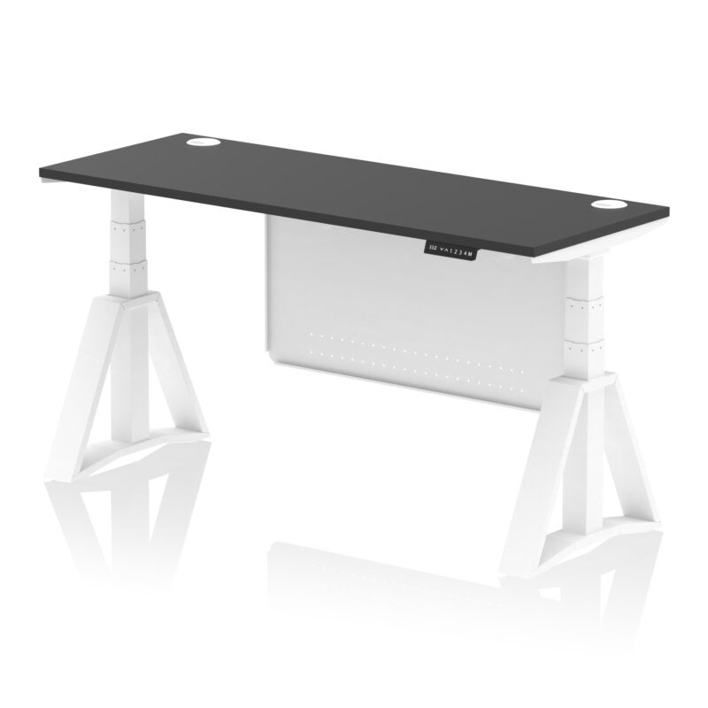air height adjustable slimline desk with cable ports with steel modesty panel with piste foot