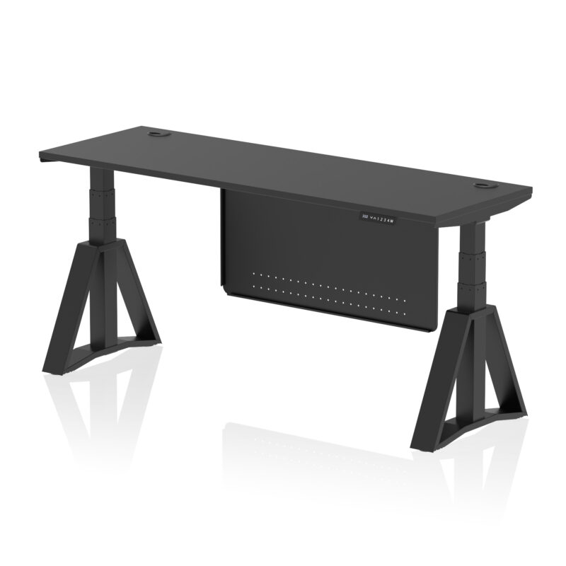air height adjustable slimline desk with cable ports with steel modesty panel with piste foot