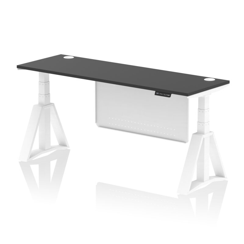 air height adjustable slimline desk with cable ports with steel modesty panel with piste foot